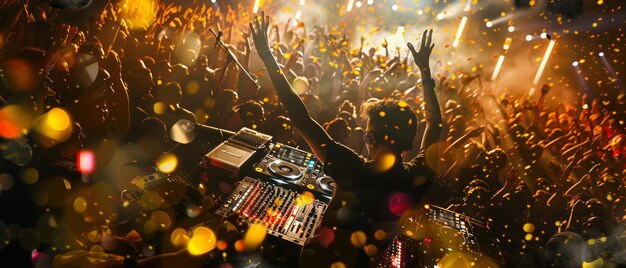 Electric energy pulses through a live DJ performance captivating a euphoric crowd at a night party