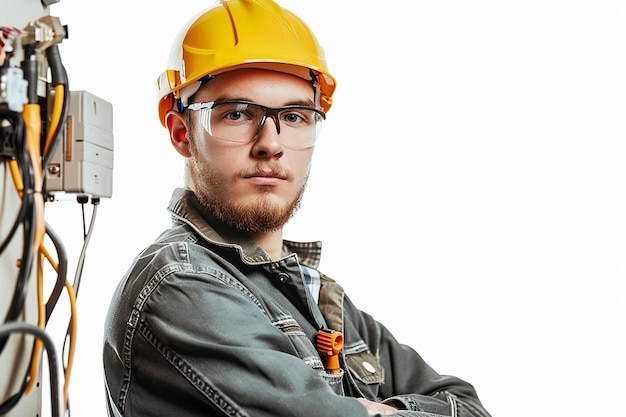 Photo electric engineer technician works on power lines