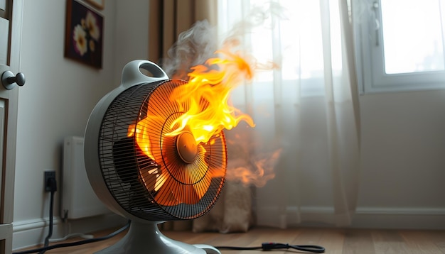 Photo electric fan heater burns with fire and smoke in room at home faulty household appliance