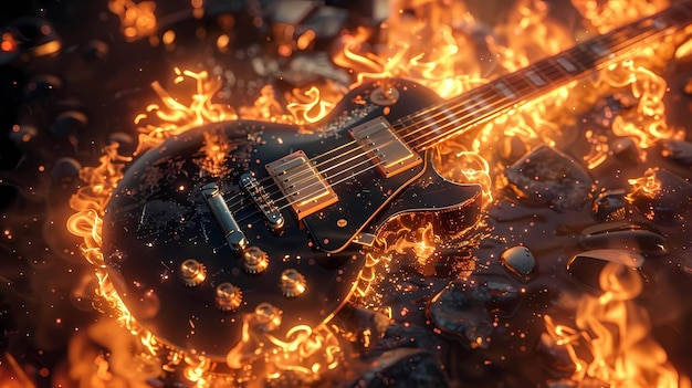 Electric guitar burning in the flames on a dark background Generative AI illustrations