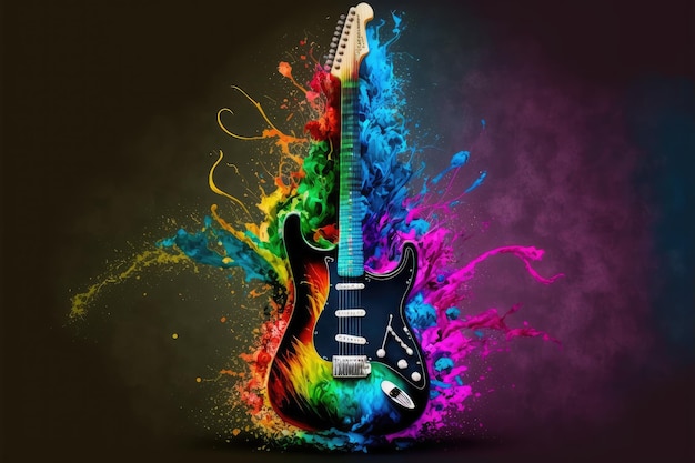 Electric guitar decorated with stylish creative colorful watercolor splash