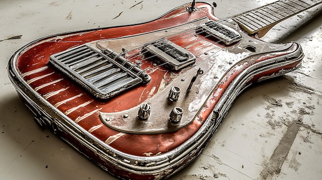 Photo electric guitar design based on close up on a wall old photos of shiny custom car from the 1950s in