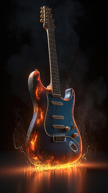 Electric guitar in fire flames on black background 3D rendering