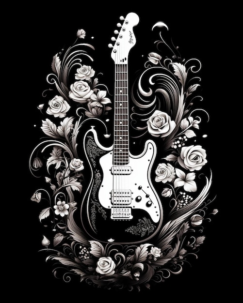 Photo electric guitar and flowers drawn