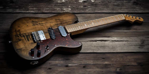 Electric guitar on a grungy old wooden surface