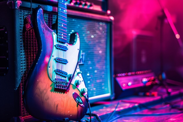 An electric guitar leaning against a vintage ampli generative ai