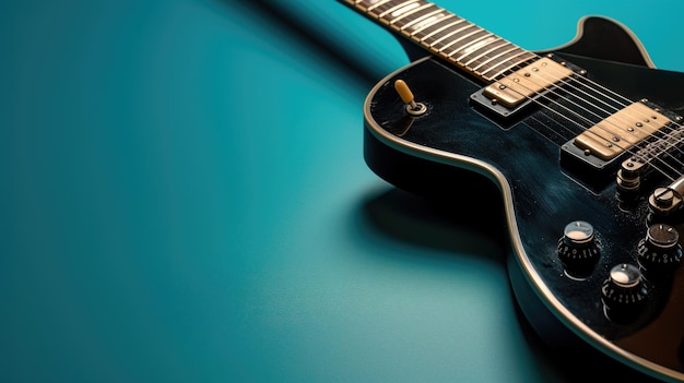 Electric guitar with a black finish over a turquoise background