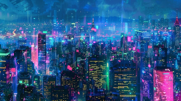 Electric hues of blue pink and green dominate the cityscape giving off a cool futuristic vibe that