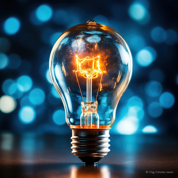 Electric light bulb incandescent on a blue background The concept of saving electricity Brainstorming concept AI generation