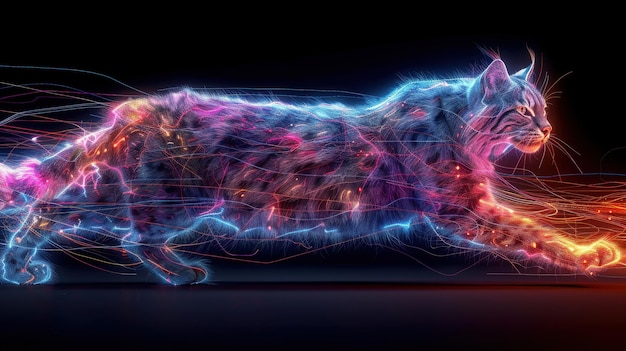 Electric Neon Bobcat in Dynamic Pursuit Futuristic Digital Artwork on Black Background