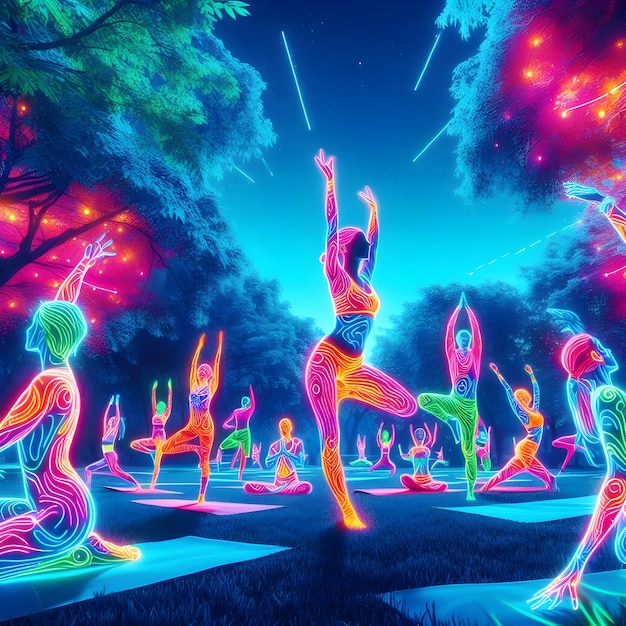 Electric neon hues shimmer around the park showcasing a diverse group of friends practicing Vinyasa