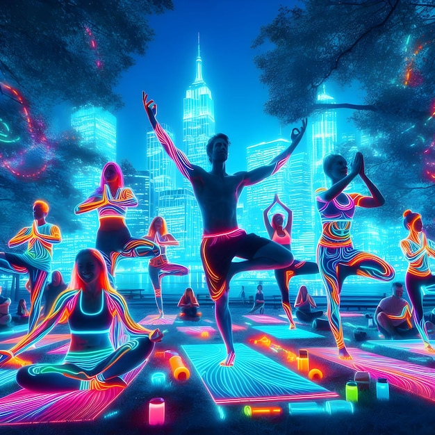 Electric neon hues shimmer around the park showcasing a diverse group of friends practicing Vinyasa