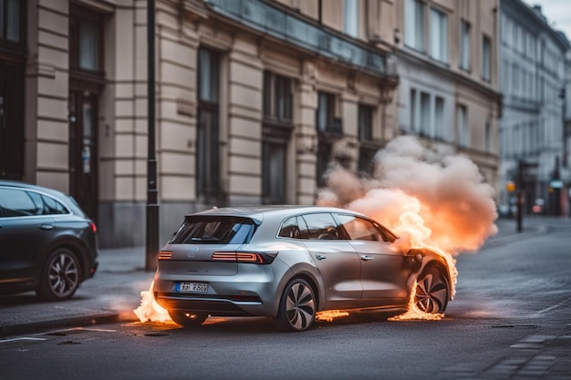 electric new ev car suv burning in flames as batteries exploded illustration