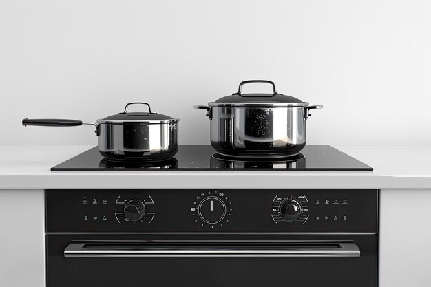 Photo electric oven with cooking pot and frying pan on white background