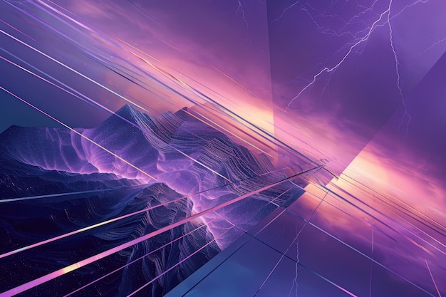 Electric purple mountain landscape with glowing pink lightning bolts