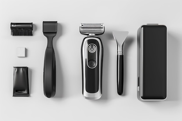 Electric Razor and Accessories Kit on a White Background