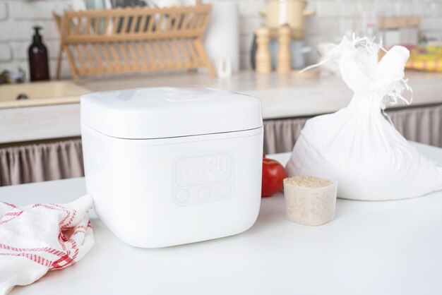 Electric rice cooker on wooden countertop in the kitchen