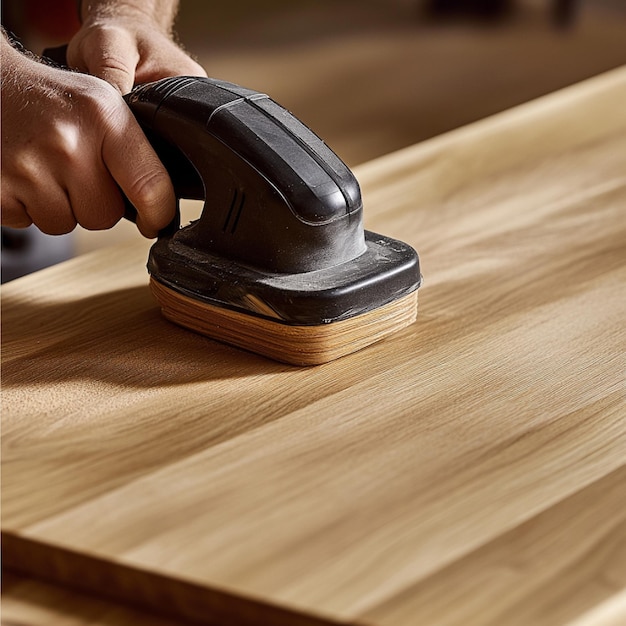 Electric sander smoothing a wooden surface