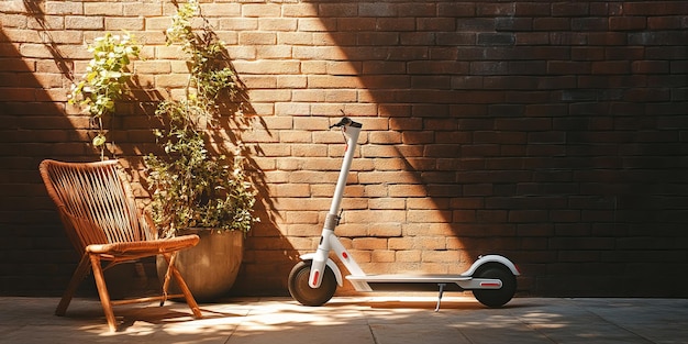 Photo electric scooter by the brick wall