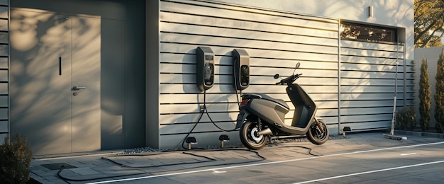 Electric Scooter Charging Outside a Modern House