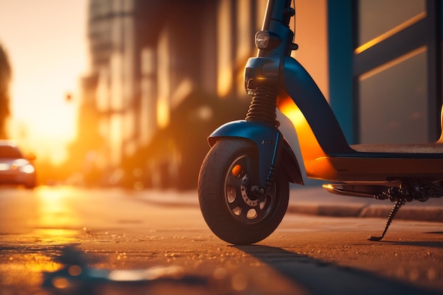 An electric scooter is parked on the street at sunset Generative AI