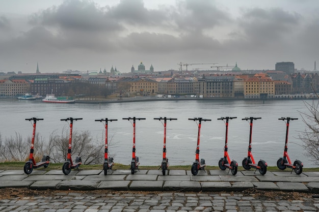 Electric Scooters Parked by the Harbor in Copenhagen