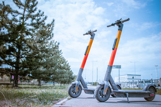 Electric scooters in row on the parking lot. City bike rental system, public kick scooters on the street