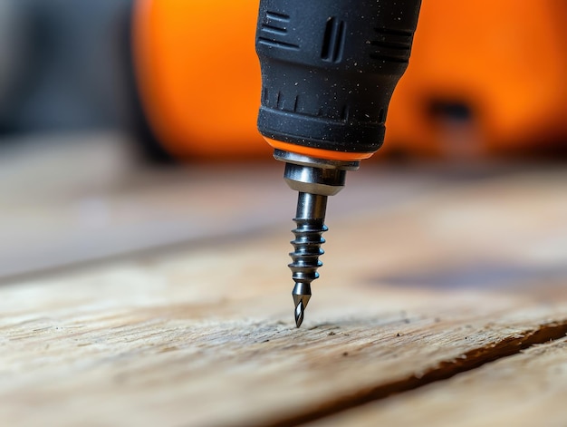 Photo electric screwdriver fastening screw into wooden surface closeup