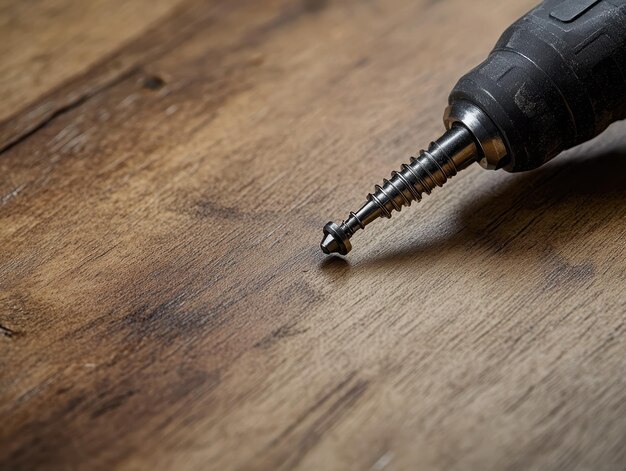 Photo electric screwdriver fastening screw into wooden surface closeup