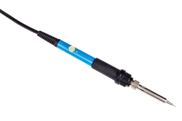 Electric soldering iron with the blue handle isolated on a white background.