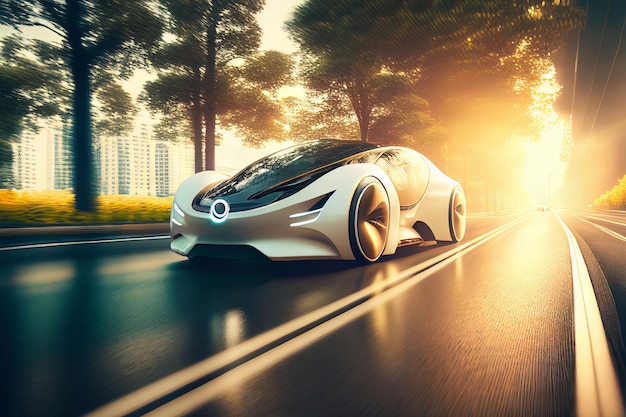 Electric sport car running on the morning road in future city Created with Generative AI technology