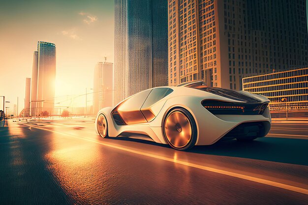 Electric sport car running on the morning road in future city Created with Generative AI technology