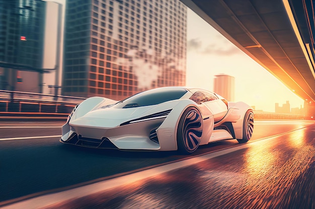 Electric sport car running on the morning road in future city Created with Generative AI technology