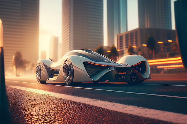 Electric sport car running on the morning road in future city Created with Generative AI technology