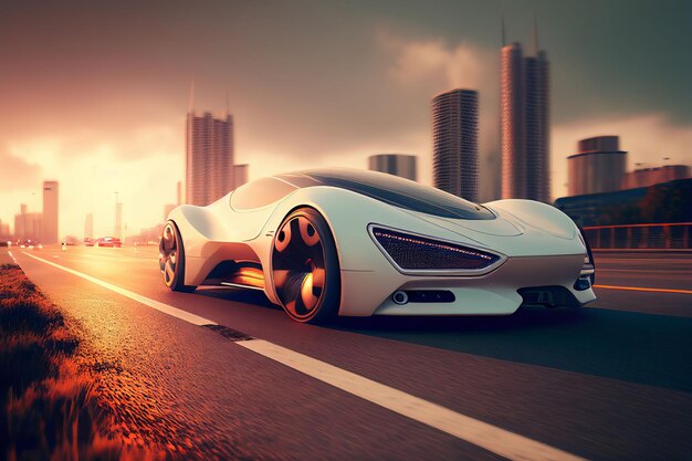 Electric sport car running on the morning road in future city Created with Generative AI technology