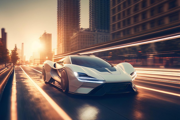 Electric sport car running on the morning road in future city Created with Generative AI technology