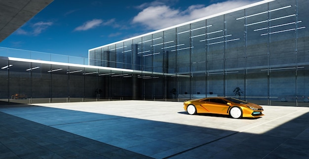 Electric sports car parked in the center of modern glass facade walls building