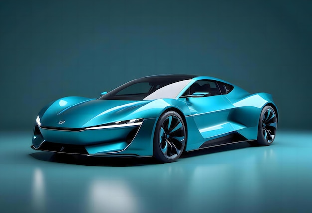 Electric sports car with a teal blue metallic body and aerodynamic