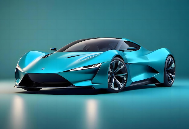 Electric sports car with a teal blue metallic body and aerodynamic