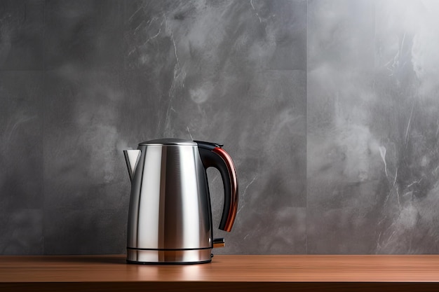 Electric stainless steel kettle on granite counter against ceramic background