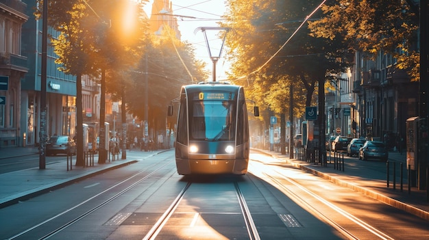 Photo electric tram gliding through the city streets representing the commitment to reducing carbon emissions in public transport