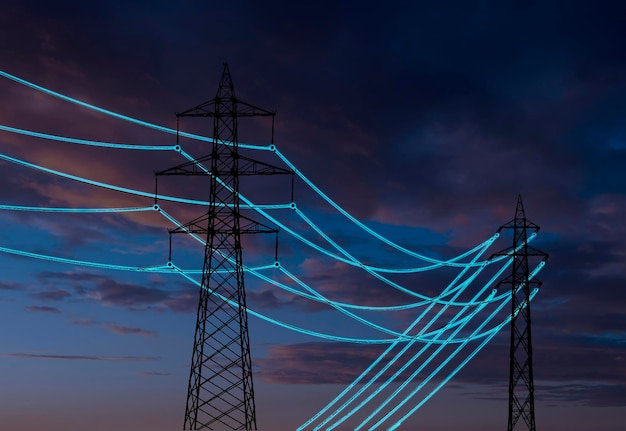 Electric transmission tower with glowing wires