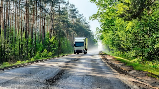 Photo an electric truck carries cargo along a forest road