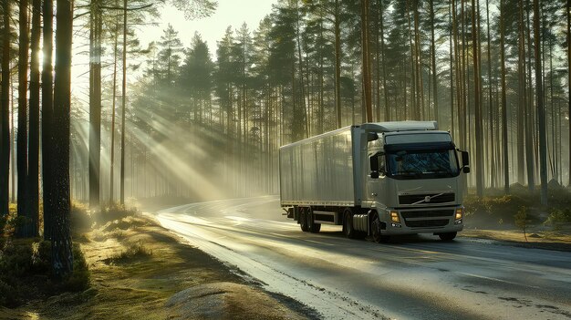 Photo an electric truck carries cargo along a forest road