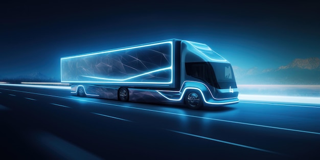 Electric van or futuristic truck on the highway for logistics concept and futuristic energy solution as a wide banner or truck mockup with copy space