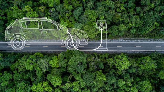 Photo electric vehicle car going through forest ev electrical energy for environment nature power technology sustainable devlopment goals green energy ecosystem ecology healthy environment road trip