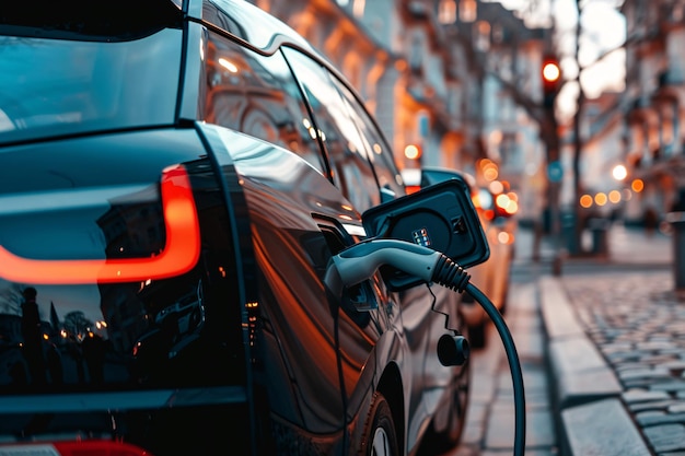 Electric vehicle charging at dusk