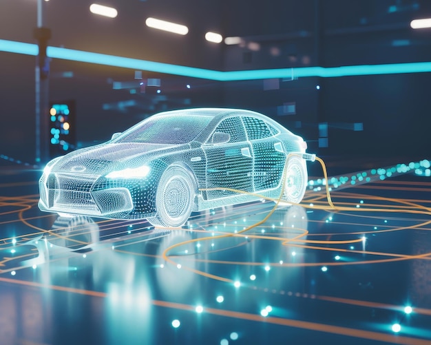 Electric vehicle charging eco friendly energy concept with wireframe connection structure