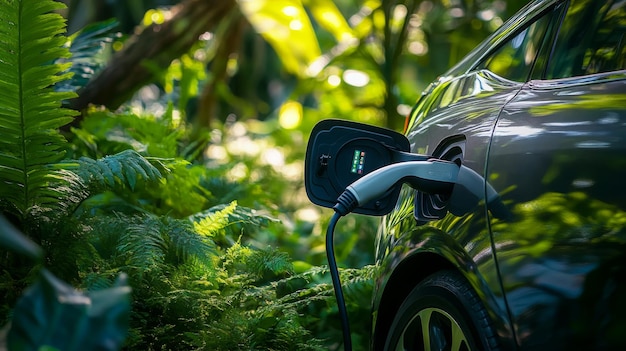 Photo electric vehicle charging in a lush green environment during daylight hours