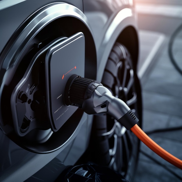 Electric vehicle charging plug connected to a car Generative AI